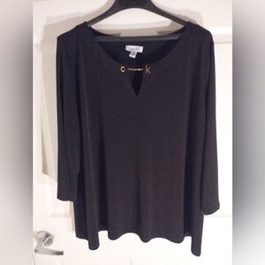 black Calvin Klein top with three-quarter sleeves and a gold-tone "CK" hardware